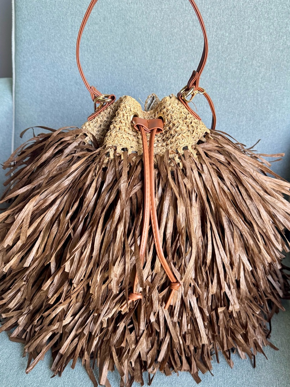 Boho Brown Raffia Fringe Shoulder Bag with Leather Straps - Picture 4 of 5